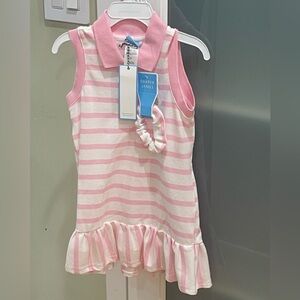 Draper James Pink & White Striped Ruffle Hem Polo Dress with Scrunchie